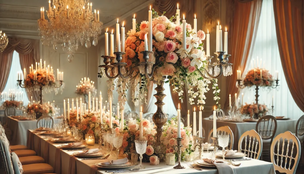 Romantic Candlelight: Tall candelabras with cascading flowers and candles.